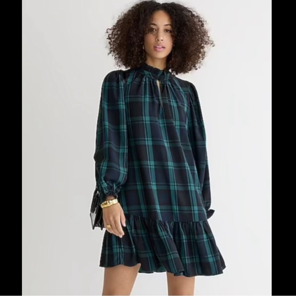J.Crew Blackwatch Plaid Ruffle Puff-sleeve Mini Dress Size Large
